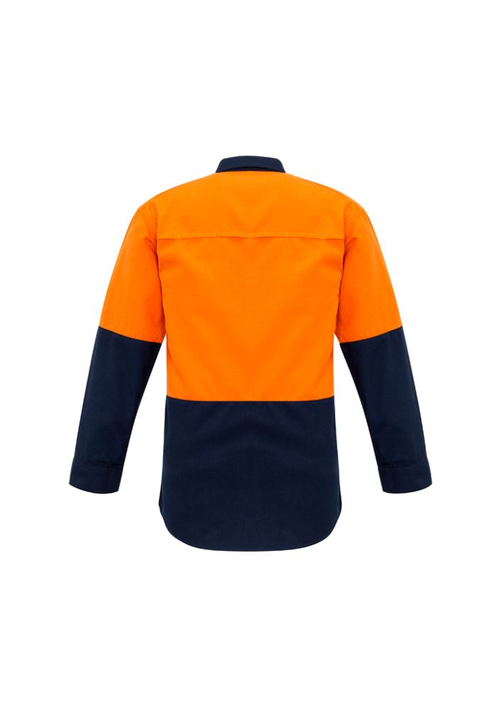 Hi-vis orange and navy men's shirt with fire-resistant features, lightweight, breathable, and multiple pockets for safety and comfort.