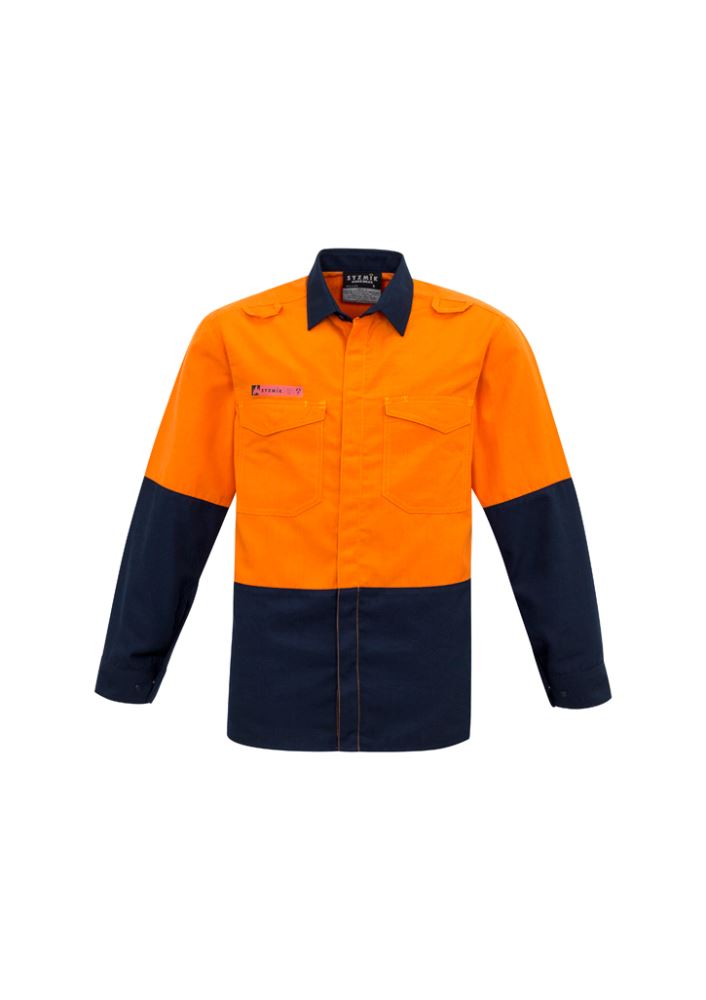 Lightweight orange and navy Hi-Vis spliced shirt with FR protection, gusset sleeves, and breathable mesh for safety and comfort.