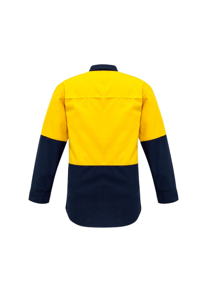 Mens Hi-Vis Spliced Shirt in Yellow/Navy with flame-resistant fabric, breathable panels, and durable design for safety.