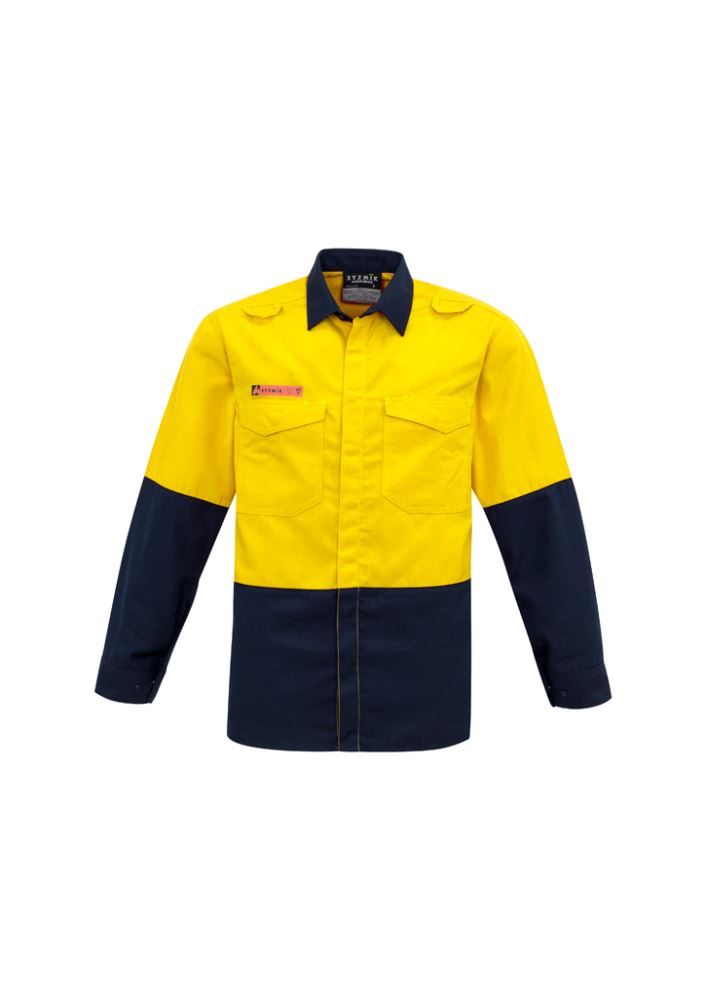 Men's Hi-Vis Spliced Shirt in Yellow/Navy, lightweight, fire resistant, ideal for safety in industrial jobs.