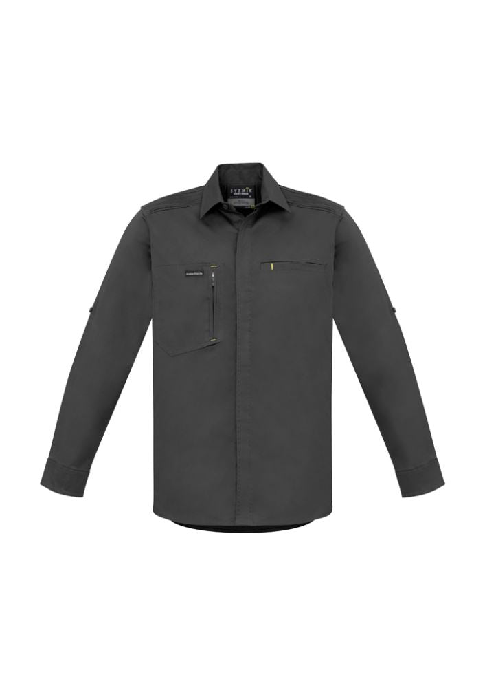 Lightweight charcoal stretch shirt for men, 7XL, with roll-up sleeves, zip chest pocket, and enhanced mobility features.