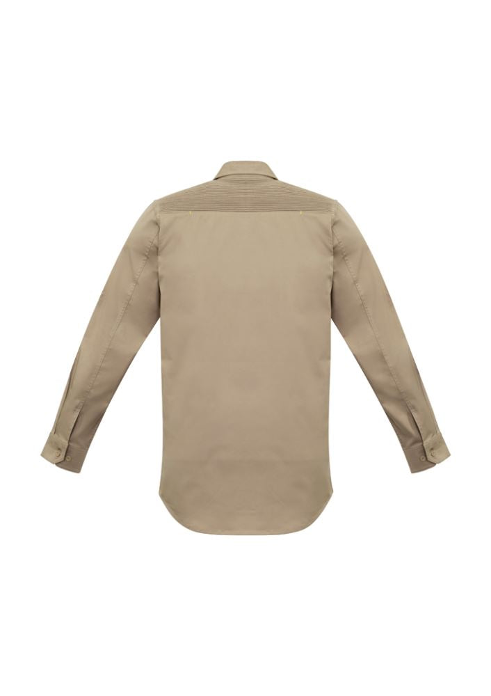 Syzmik Men's Khaki Long Sleeve Stretch Shirt (XL) with zip chest pocket and roll-up sleeves for style and comfort.