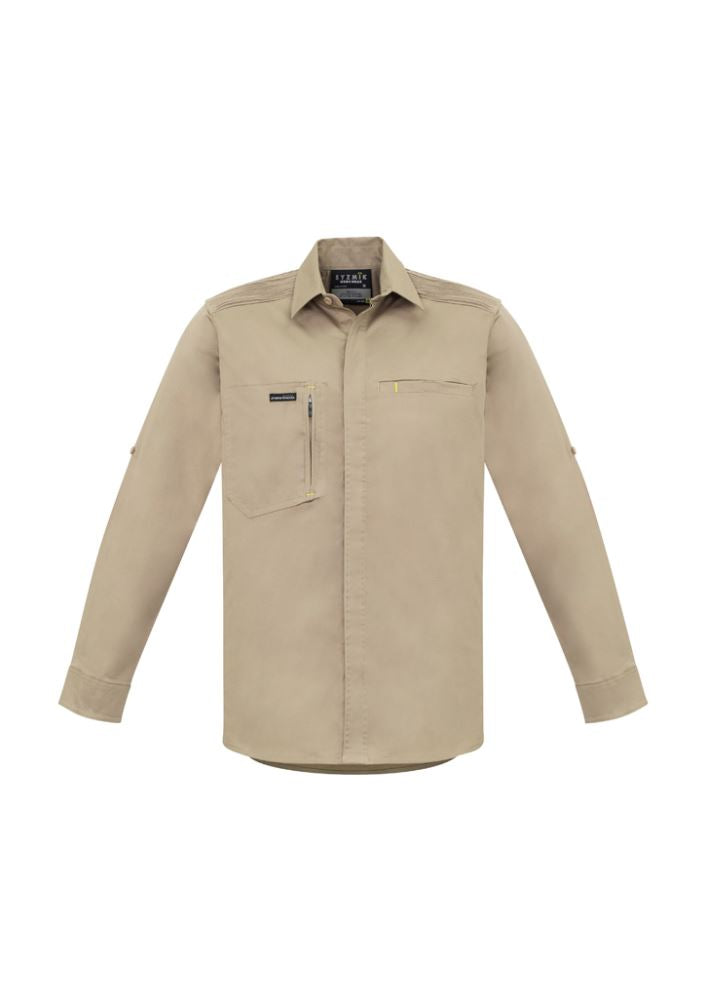 Mens Streetworx LS Stretch Shirt in Khaki, 7XL, featuring stretch cotton, roll-up sleeves, and practical zip chest pocket.