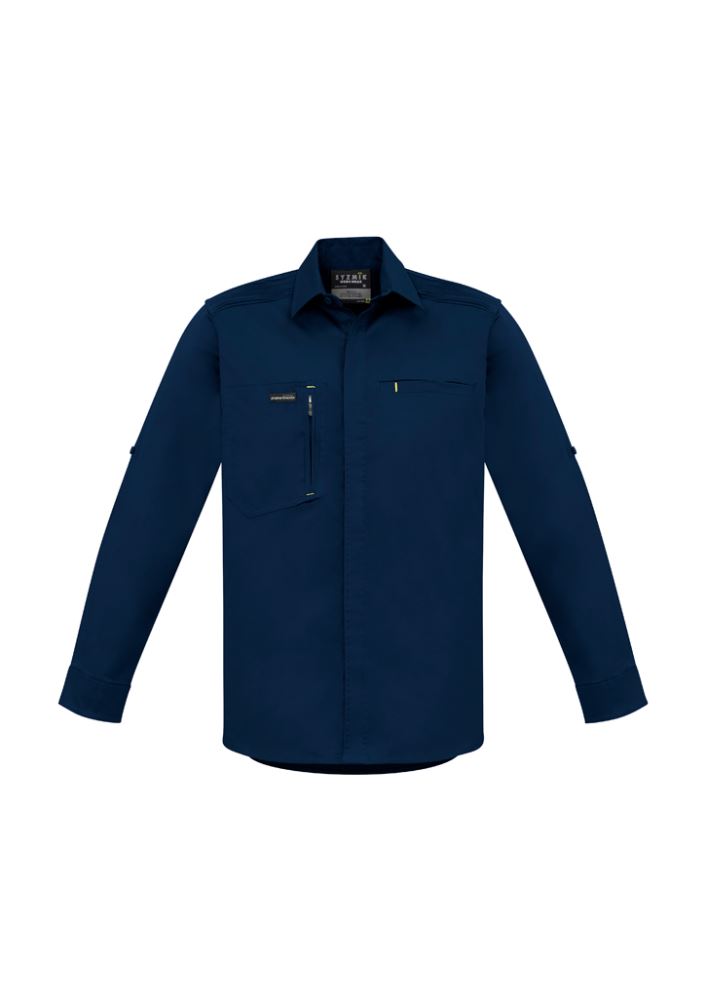 Men's Navy LS Stretch Shirt by Syzmik, featuring 98% cotton, slim fit, stretch pleating, zip chest pocket, and roll-up sleeves.
