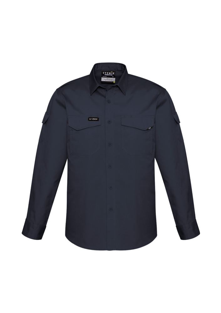 Men's rugged cooling long sleeve shirt in charcoal with breathable mesh vents, mechanical stretch, and multiple pockets.