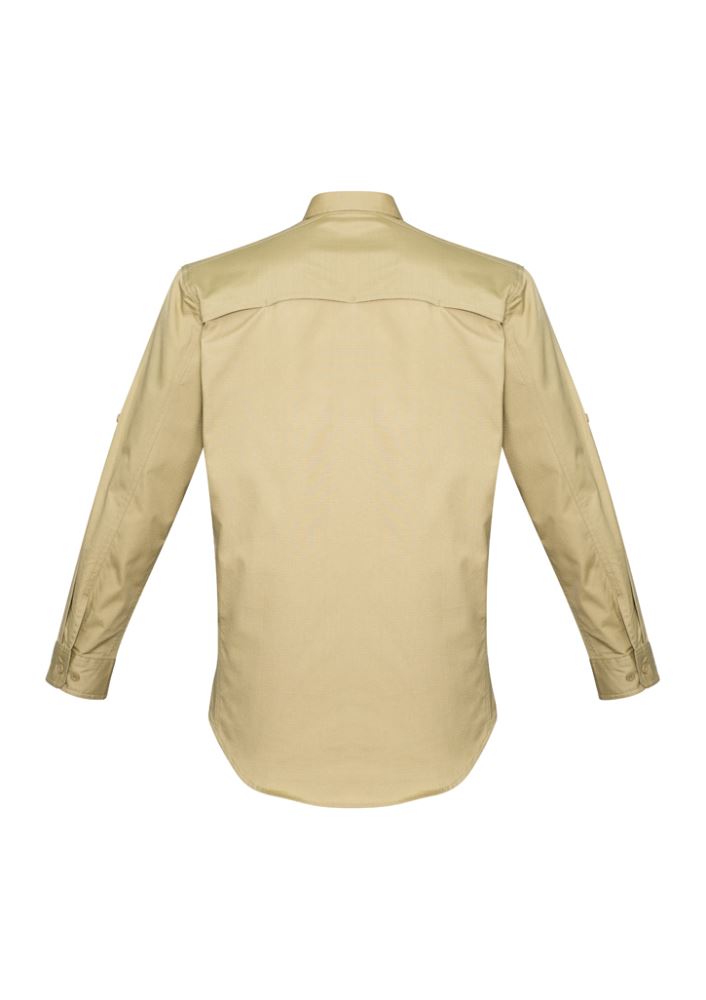 Men's khaki cooling long sleeve shirt by Syzmik featuring breathable mesh, chest pockets, and roll-up sleeves, size 5XL.