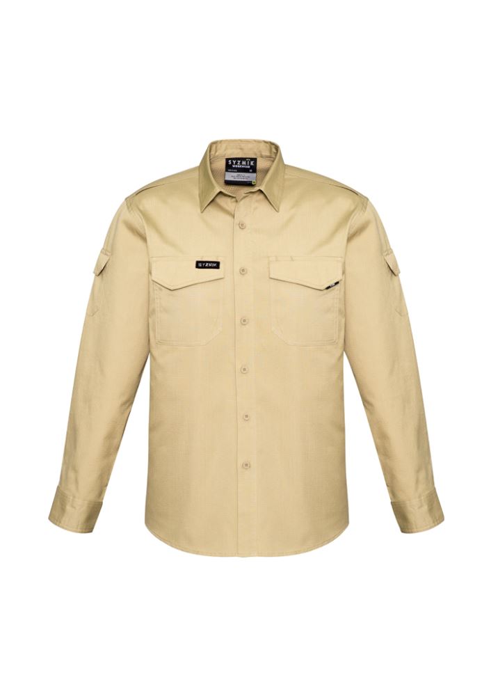 Men's Rugged Cooling Long Sleeve Shirt in Khaki, 3XL, featuring breathable mesh vents, mechanical stretch, and multiple pockets.