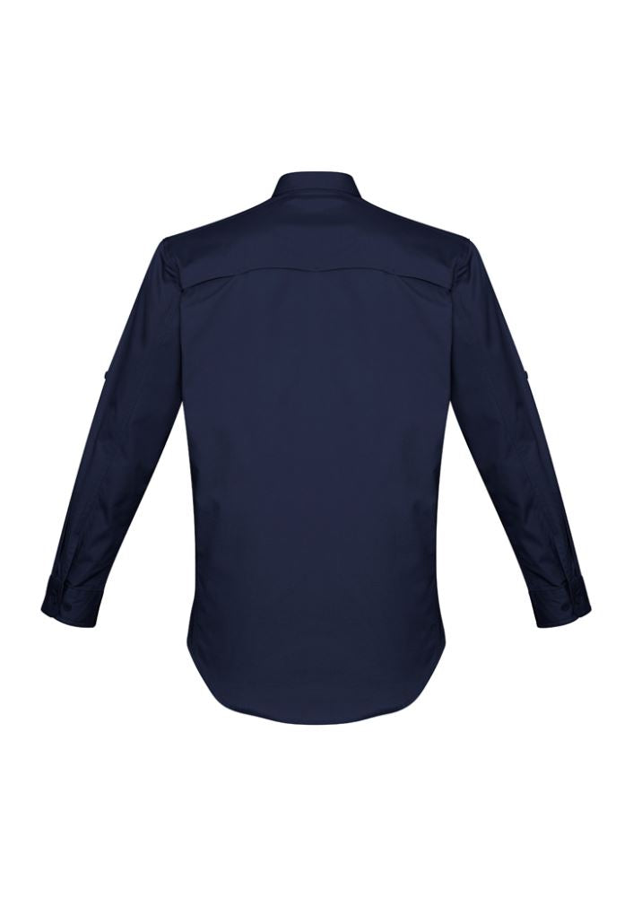 Men's Navy Rugged Cooling LS Shirt by Syzmik, featuring lightweight ripstop fabric, mesh vents, and multiple pockets for outdoor comfort.