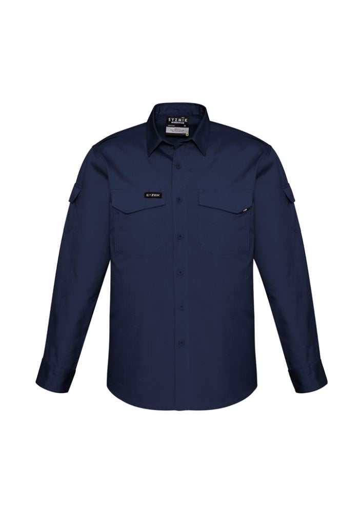 Syzmik Men's Rugged Cooling Long Sleeve Shirt in Navy, featuring breathable cotton ripstop fabric and multiple practical pockets.