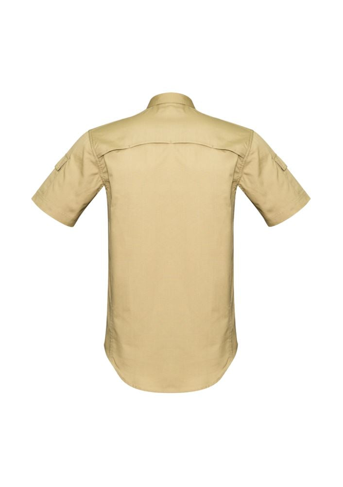Men's rugged cooling SS shirt in khaki, featuring breathable mesh vents and multiple pockets for outdoor comfort and style.