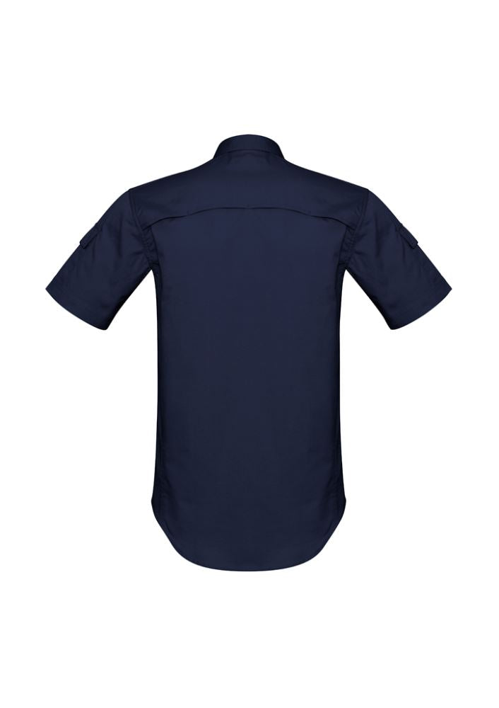 Men's navy short sleeve shirt featuring breathable fabric, mesh venting, ample pockets, and a modern fit for comfort and style.