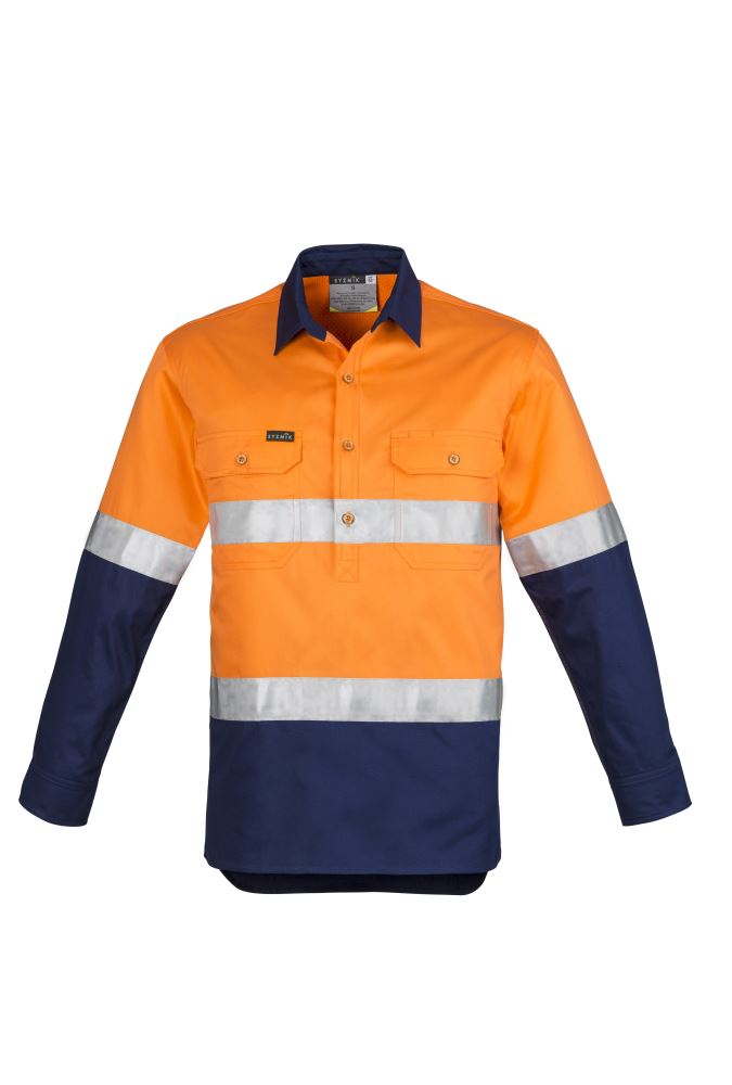 Hi-Vis orange and navy shirt with reflective tape, mesh vents, half-button design, and chest pockets for practicality and safety.