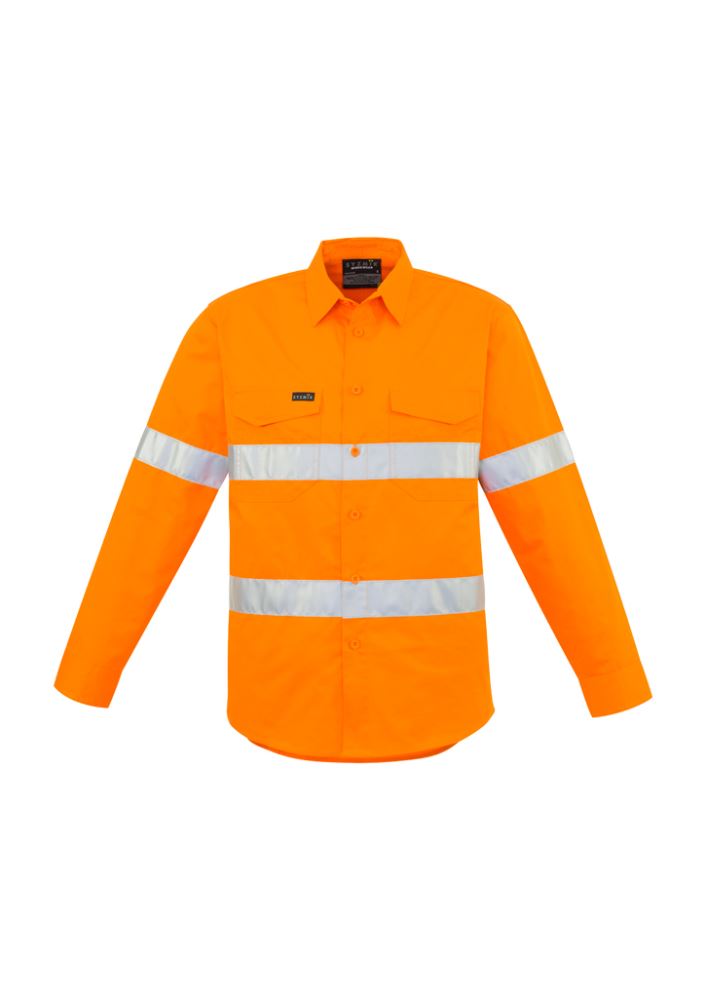 Vibrant orange high-visibility shirt with breathable mesh vents, chest pockets, and durable cotton twill for professional wear.