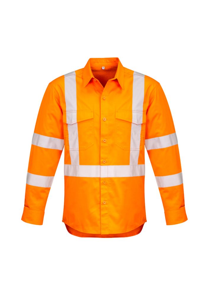 Men's orange Hi-Vis X-Back Taped Shirt by Syzmik, 2XL, featuring breathable mesh vents and bio-motion tape for safety.