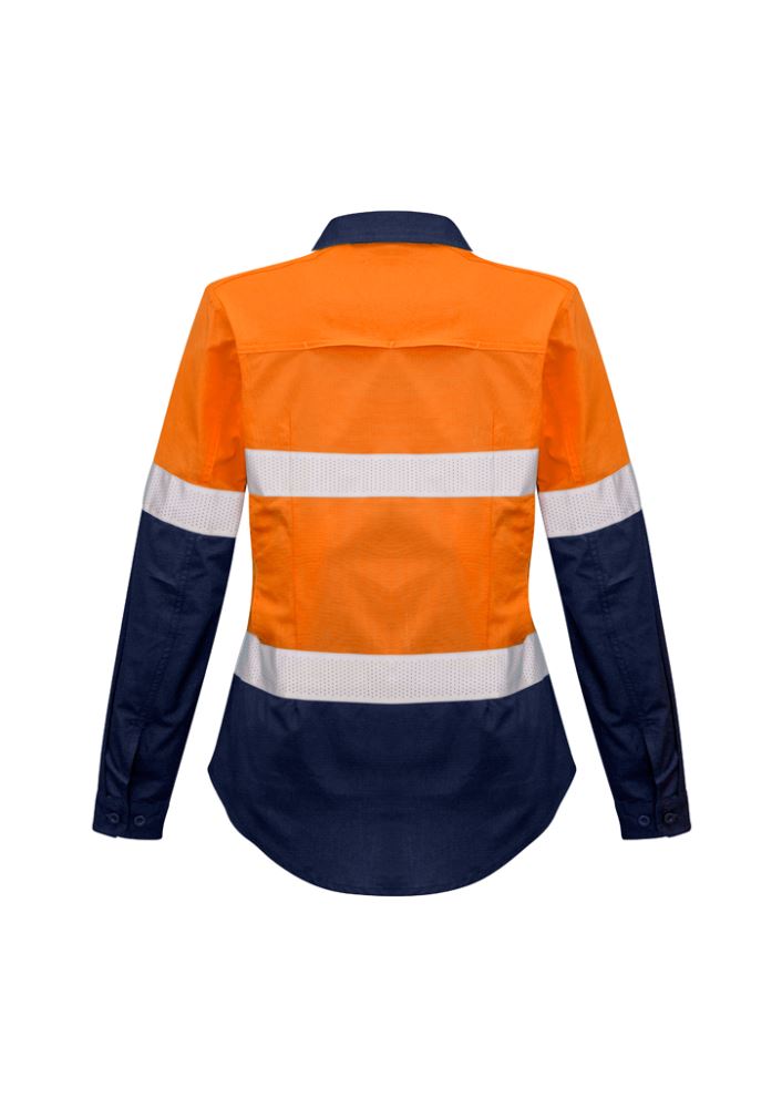 Women's Rugged Cooling Hi-Vis Shirt in Orange and Navy, featuring breathable fabric, mesh vents, and reflective tape for safety.