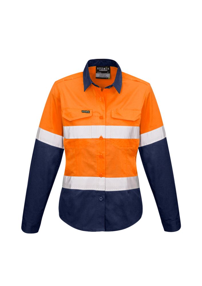High-visibility women's work shirt in orange and navy, featuring breathable mesh, stretch fabric, and reflective tape for safety.