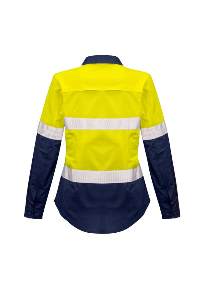 Women's yellow and navy hi-vis shirt with reflective tape, breathable mesh venting, and tailored fit for workwear.