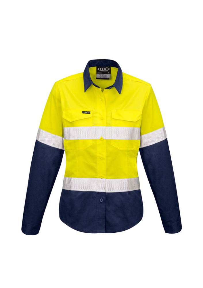 A women's high-visibility shirt in yellow and navy, featuring mesh venting, reflective tape, and a tailored fit for safety and comfort.