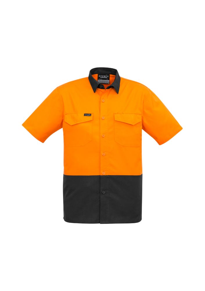 Men's rugged cooling hi-vis shirt in orange and charcoal, featuring breathable mesh venting and spacious chest pockets for tools.