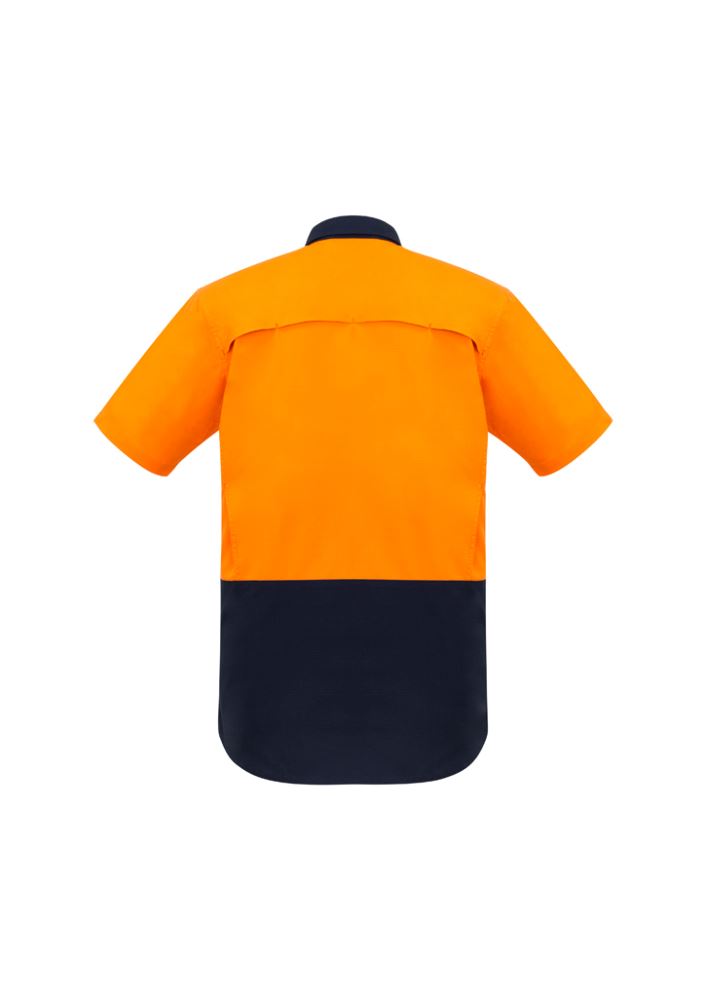 Hi-Vis men's short sleeve shirt in orange and navy with mesh vents, durable cotton, and mechanical stretch for comfort.