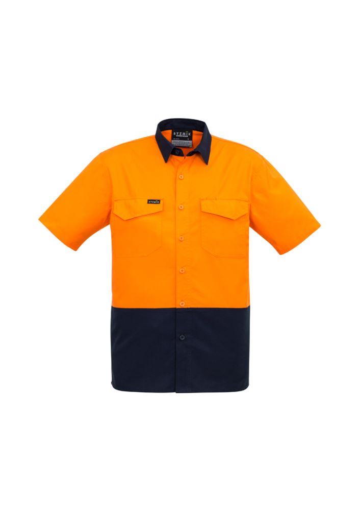 Hi-Vis orange and navy short sleeve work shirt with mesh venting, durable ripstop fabric, and reinforced stress points.