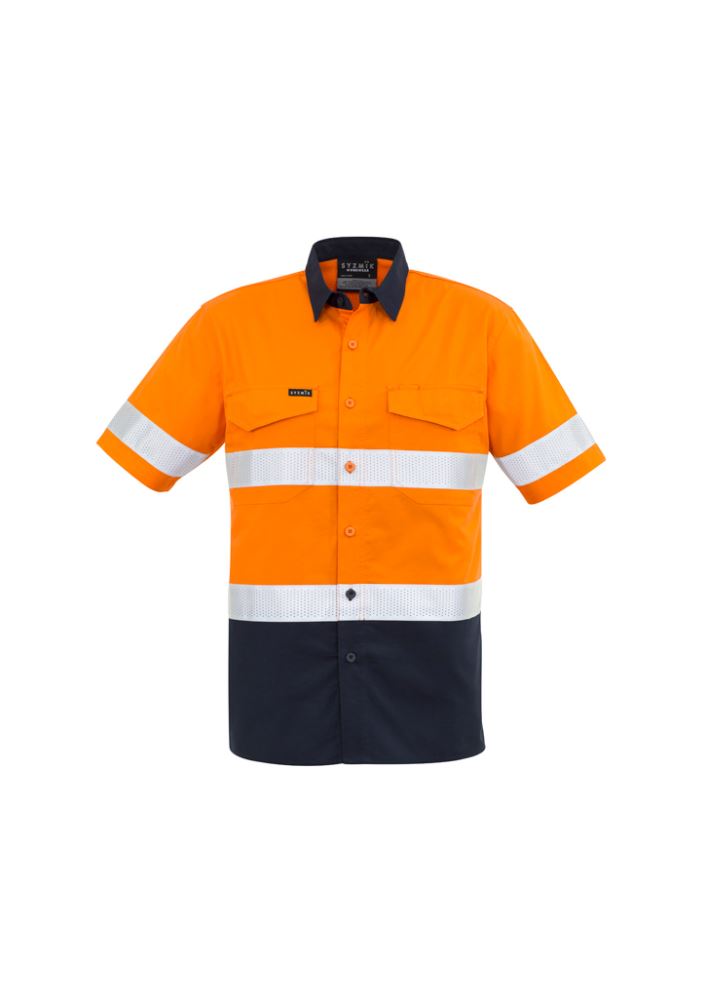 Men's high-visibility orange and navy short sleeve shirt featuring cooling vents, stretch fabric, and practical chest pockets.