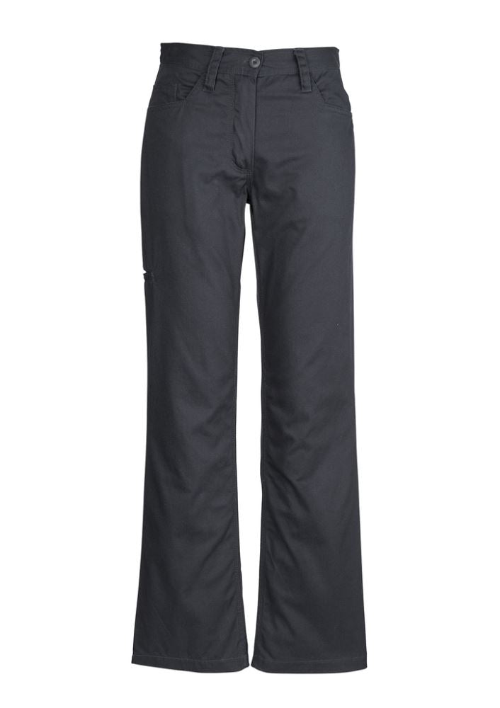 Women's Charcoal Utility Pant, size 6, featuring durable cotton twill, feminine fit, reinforced patches, and triple-stitched seams.