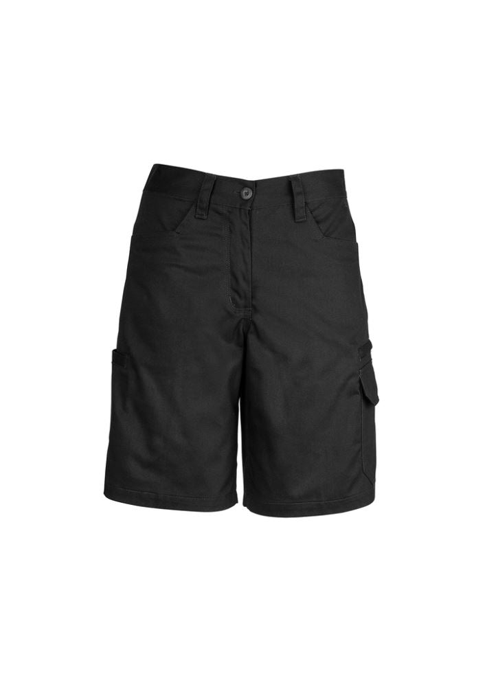 Women's black utility shorts by Syzmik, size 14, featuring durable cotton twill, feminine fit, and reinforced pockets.