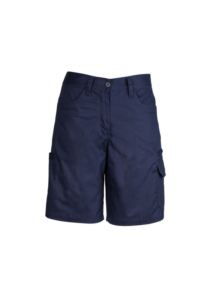 Navy women's utility shorts with reinforced pockets, made from durable cotton twill for comfort and style in warm weather.