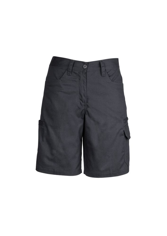 Women's Charcoal Utility Shorts, size 24, featuring durable cotton twill, reinforced pockets, and feminine fit for style and function.