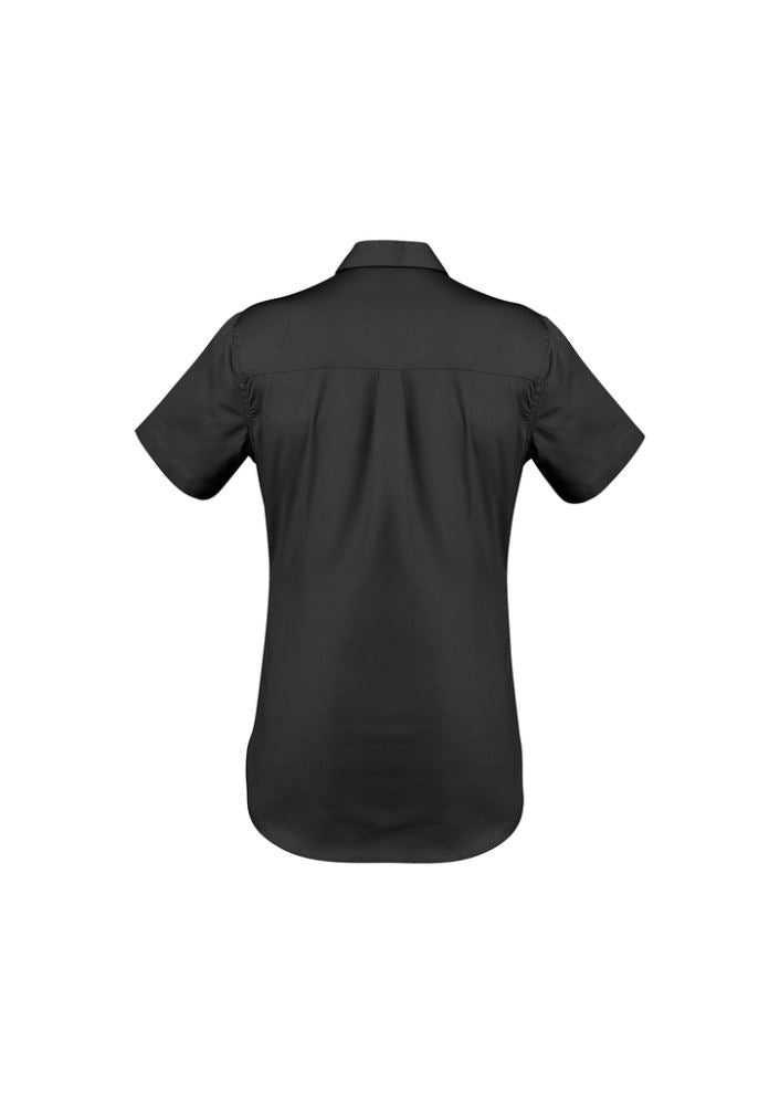 Womens Lightweight Tradie Shirt in Black, size 18, featuring 100% cotton twill, short sleeves, and practical pockets for comfort and style.