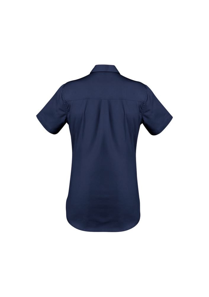 Women's short-sleeve blue tradie shirt, size 16, in lightweight cotton with practical pockets and a flattering fit.