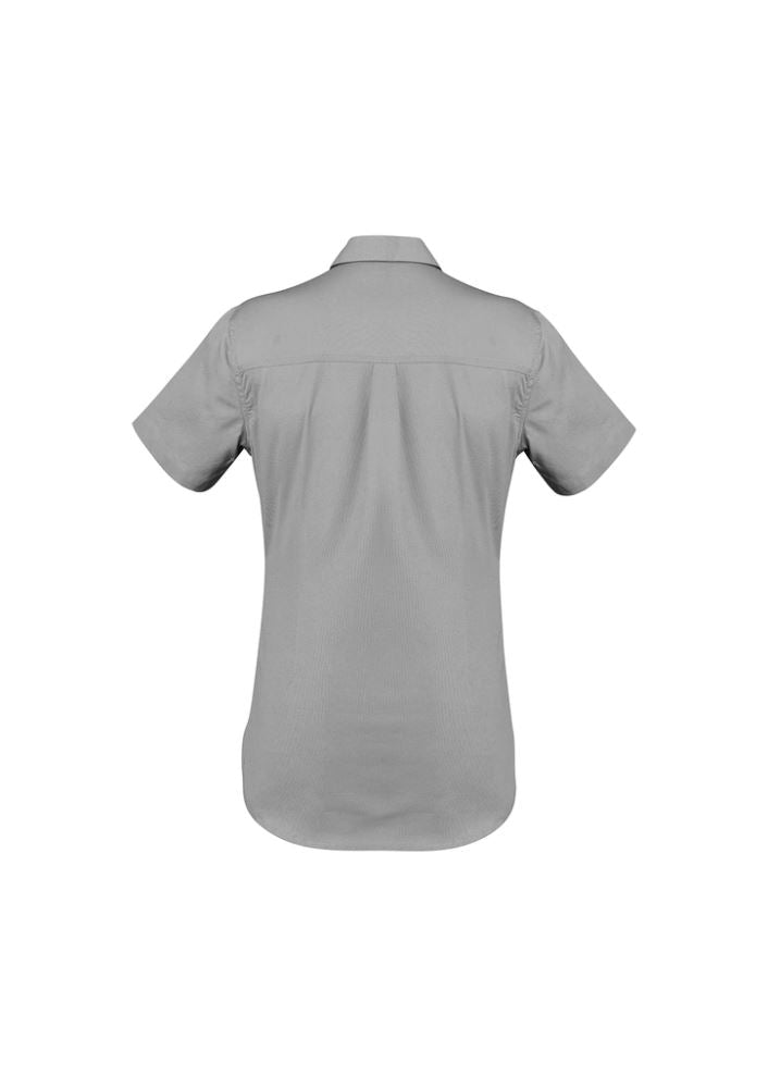 Women's grey short sleeve lightweight Tradie shirt by Syzmik, featuring durable cotton twill, pockets, and a flattering fit.