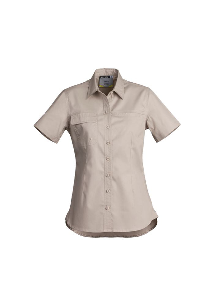 Lightweight women's tradie shirt in sand, featuring short sleeves, durable cotton twill, and practical pockets for convenience.