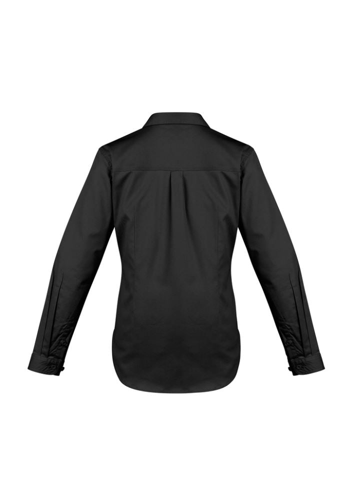 Women's black lightweight Tradie shirt with long sleeves, featuring durable cotton twill, pockets, and a flattering fit.