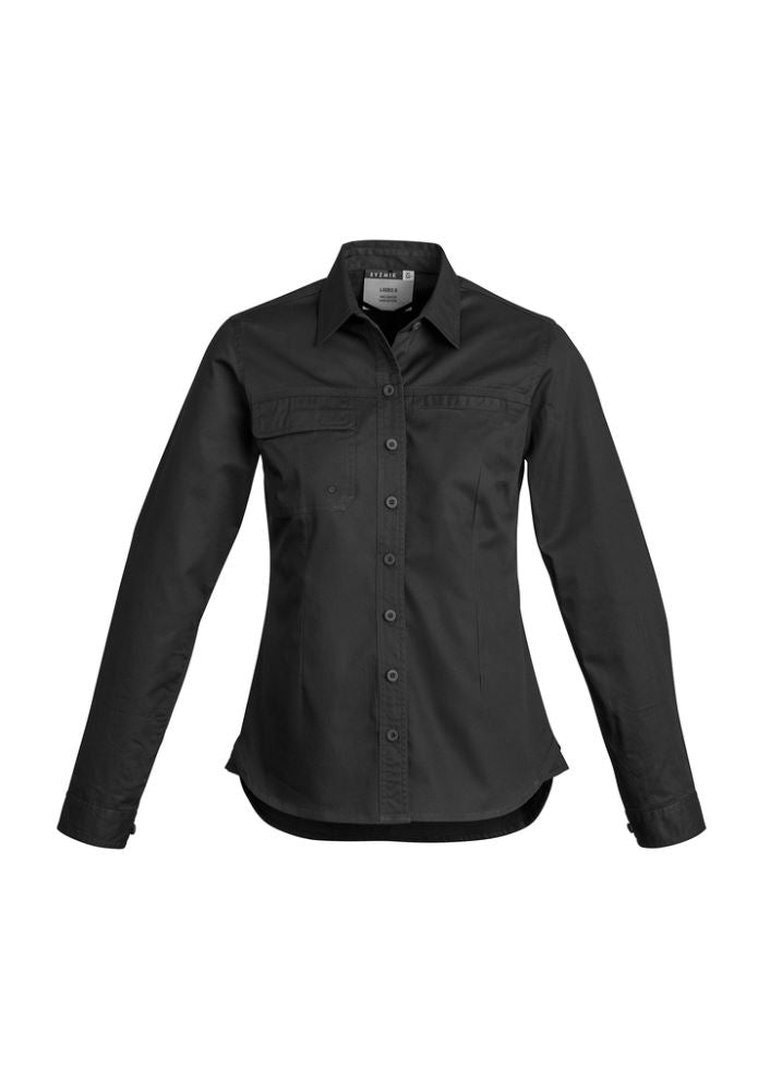 Women's black lightweight tradie shirt, size 24, crafted from breathable cotton twill with functional pockets and a feminine fit.