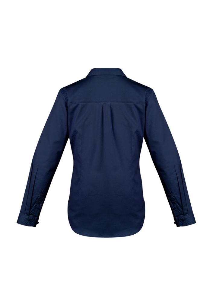 Lightweight blue long sleeve tradie shirt for women, featuring durable cotton twill, practical pockets, and breathable vents.