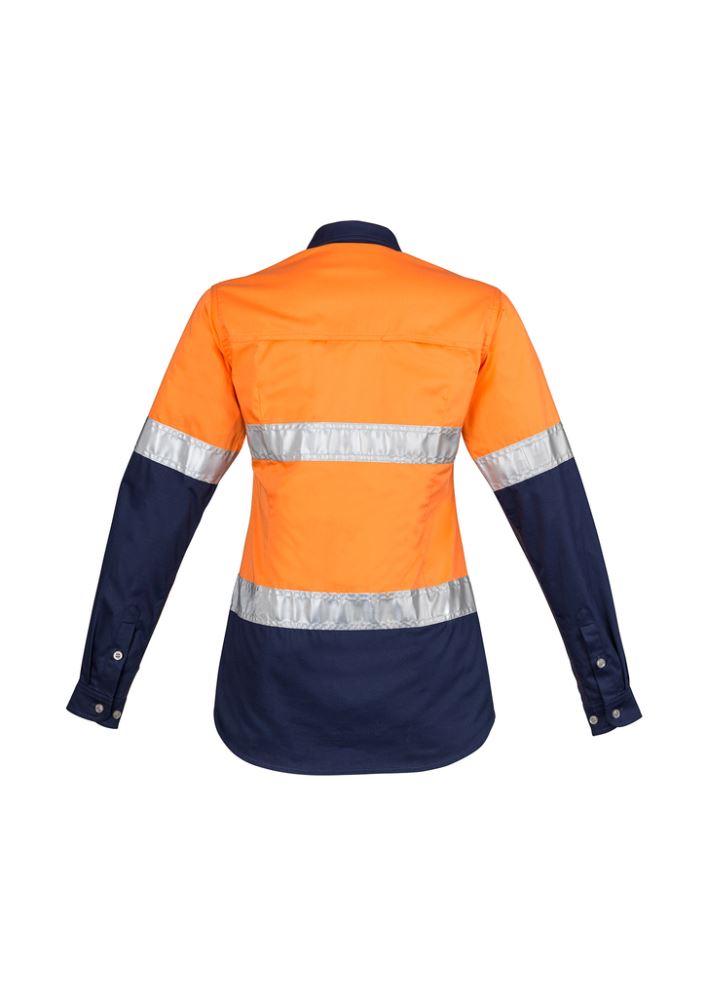 Women's Hi-Vis Spliced Industrial Shirt in Orange/Navy with reflective tape, breathable mesh vents, and a flattering fit.