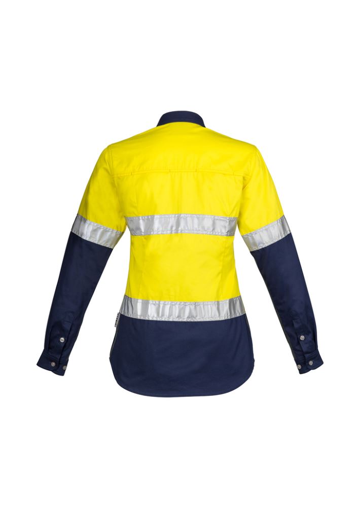 Women's Hi-Vis Spliced Industrial Shirt in yellow/navy, featuring reflective tape, breathable vents, and a feminine fit.