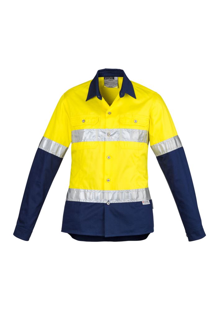 Women's Hi-Vis Spliced Industrial Shirt in yellow and navy, featuring breathable mesh vents, reflective tape, and feminine fit.