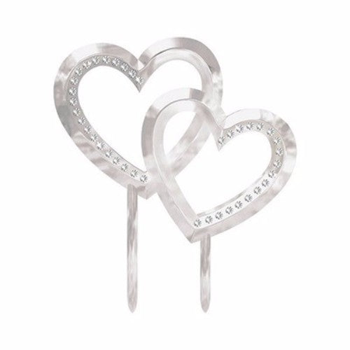 Silver double hearts and gems cake topper, 11cm x 13cm, perfect for weddings and engagements, adding sparkling elegance.