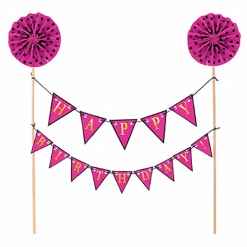 Pink birthday cake topper kit with wooden picks, gold foil accents, and a charming banner for festive celebrations.