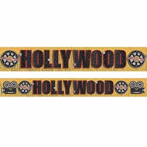 Gold foil fringe banner and cardboard cutouts, 3m x 29cm, perfect for glamorous Hollywood-themed celebrations.