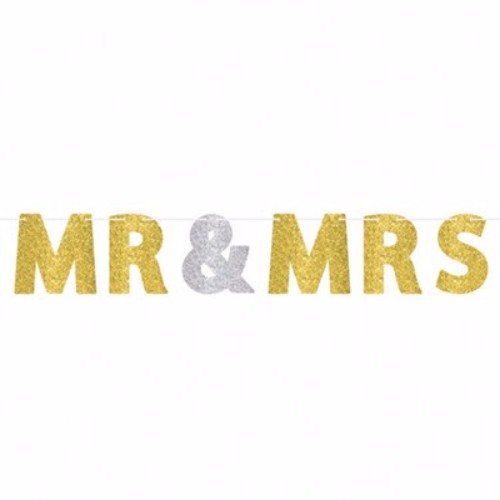 MR & MRS Gold & Silver Glittered Banner with 18cm letters, perfect for weddings and celebrations, adds a glamorous touch.