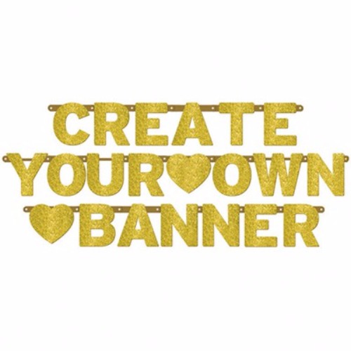 Customizable gold glittered banner kit with 100 letters, numbers, shapes, and 40 fasteners for personalized celebrations.