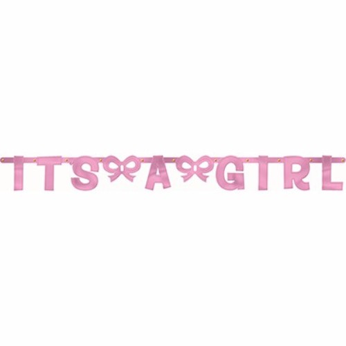 Pink foil "It's A Girl" letter banner, 1.5m x 15cm, perfect for baby showers and gender reveal parties.