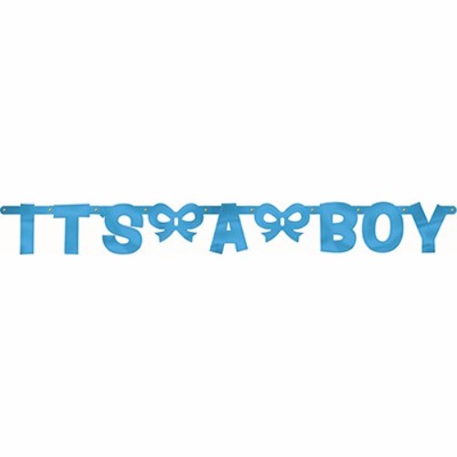 Vibrant blue foil "It's A Boy" letter banner for baby showers and celebrations, measuring 1.5m x 15cm.