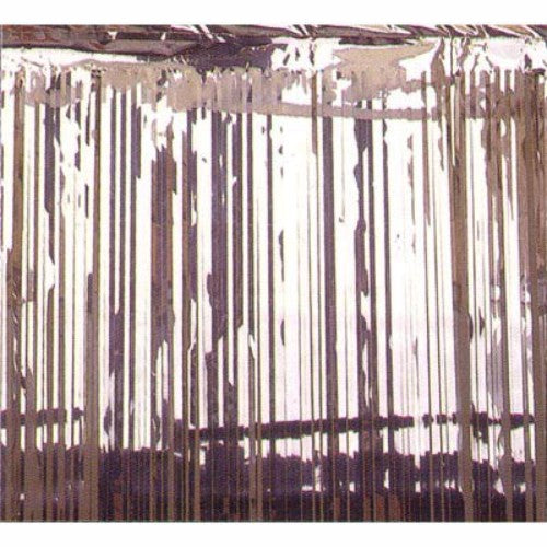 Stylish silver metallic curtain, 2.4m high x 91.4cm wide, enhances decor with shimmering light effects and durability.