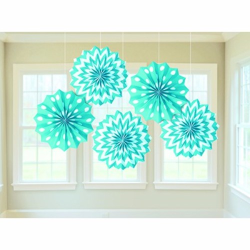 Caribbean blue tissue paper fans pack of 5, perfect for vibrant party decor and easy to hang with string and tape.
