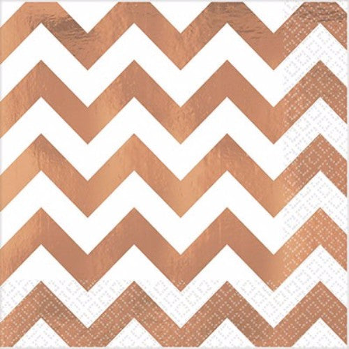 Elegant rose gold chevron napkins, 33cm x 33cm, perfect for weddings and parties, sold in a pack of 16.